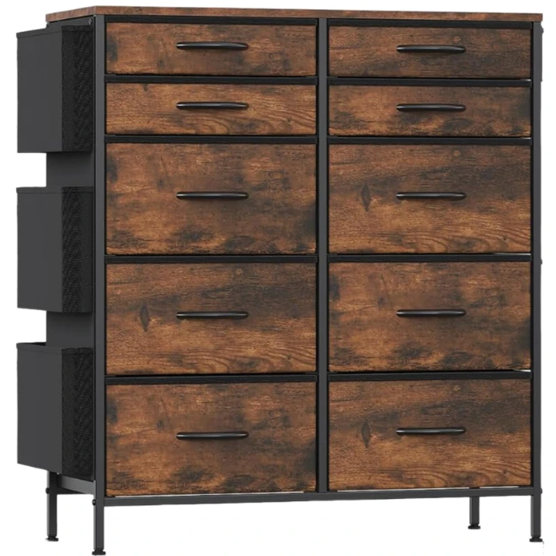 Feonase Chest of Drawers Bedroom, Tall Fabric Dresser with 10 Drawers, 3 Side Pockets & 2 Hooks, Metal Frame, Wood Top, Storage Organizer for Bedroom, Living Room, Hallway, Closet (Rustic Brown)