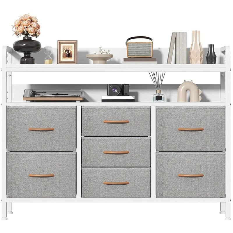 Feonase Chest of Drawers Bedroom, Fabric Dresser with 7 Drawers, Storage Dresser with 2 Layer Shelves, Tall Storage Organizer Unit with Steel Frame, for Bedroom, Living Room, Hallway, Light Gray