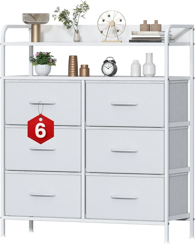 Feonase Chest of Drawers Bedrooms, 6 Drawers Storage Organizer Unit with Metal Frame & Wood Top, Fabric Dresser with Side Pocket, Chest Drawer for Bedroom, Closet, Hallway, Living Room (White)