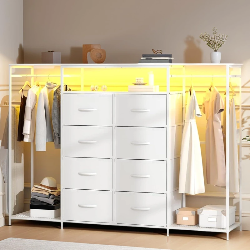 Feonase 3 in 1 Chest of Drawers, 150cm LED Dresser for Bedroom with 8 Fabric Drawers, Hanging Rack, Metal Frame & Wooden Top, Modern Cloth Rack Closet Wardrobe for Living Room, Bedroom (White)