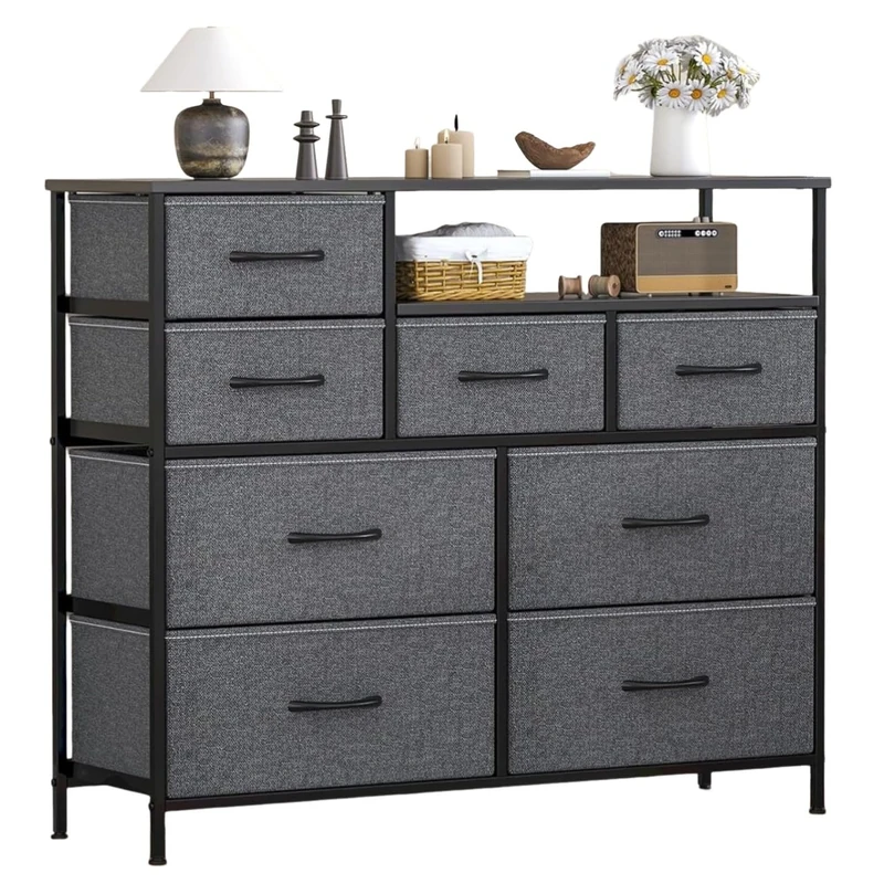 Feonase Chest of Drawers Bedroom, Fabric Dresser with 8 Drawers, Storage Dresser with 2 Layer Shelves, Tall Storage Organizer Unit with Steel Frame, for Bedroom, Living Room, Hallway, Dark Gray