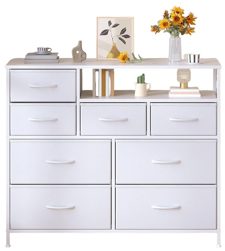 Feonase Chest of Drawers Bedroom, Fabric Dresser with 8 Drawers, Storage Dresser with 2 Layer Shelves, Tall Storage Organizer Unit with Steel Frame, for Bedroom, Living Room, Hallway