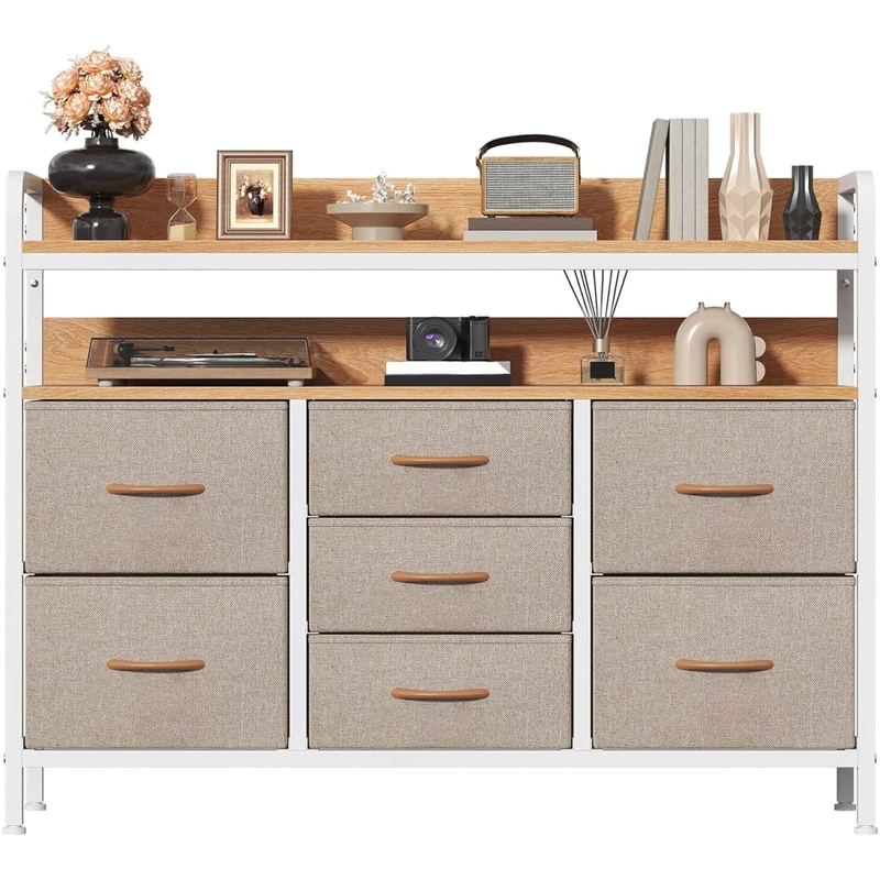 Feonase Chest of Drawers Bedroom, Fabric Dresser with 7 Drawers, Storage Dresser with 2 Layer Shelves, Tall Storage Organizer Unit with Steel Frame, for Bedroom, Living Room, Hallway, Beige