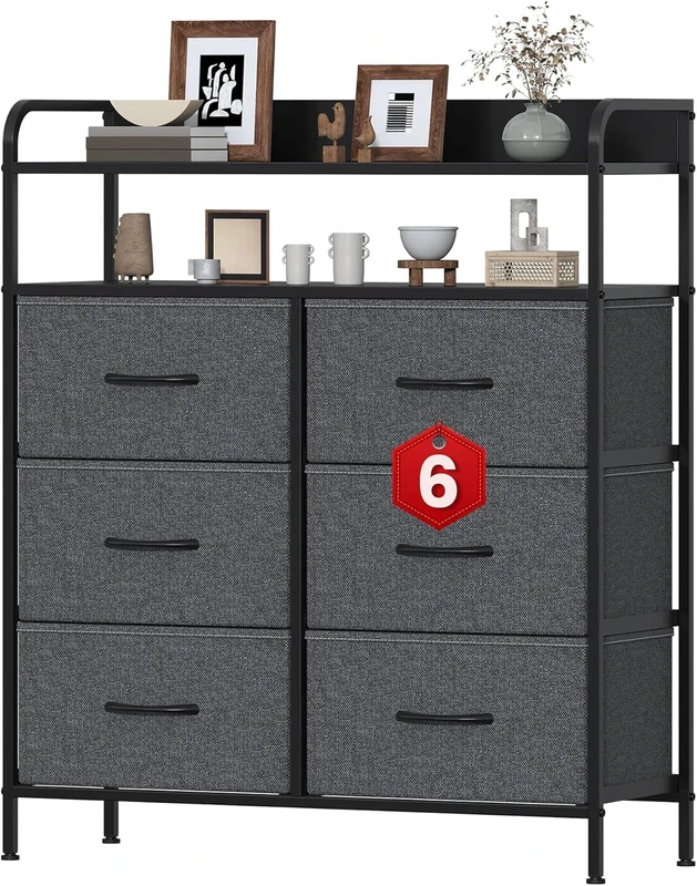 Feonase Chest of Drawers Bedrooms, 6 Drawers Storage Organizer Unit with Metal Frame & Wood Top, Fabric Dresser with Side Pocket, Chest Drawer for Bedroom, Closet, Hallway, Living Room (Dark Gray)