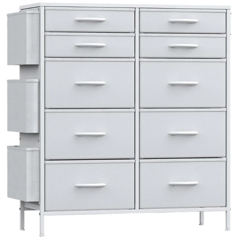 Feonase Chest of Drawers Bedroom, Tall Fabric Dresser with 10 Drawers, 3 Side Pockets & 2 Hooks, Metal Frame, Wood Top, Storage Organizer for Bedroom, Living Room, Hallway, Closet (White)