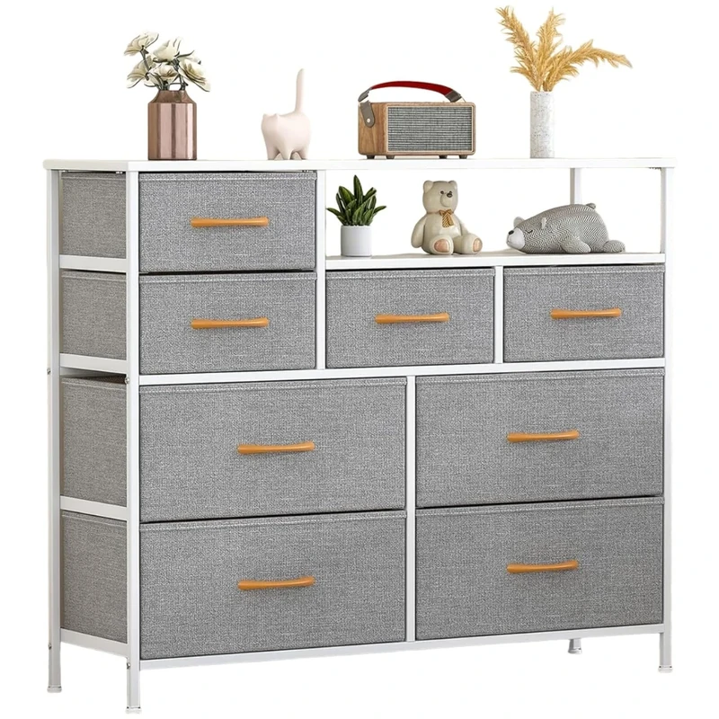 Feonase Chest of Drawers Bedroom, Fabric Dresser with 8 Drawers, Storage Dresser with 2 Layer Shelves, Tall Storage Organizer Unit with Steel Frame, for Bedroom, Living Room, Hallway