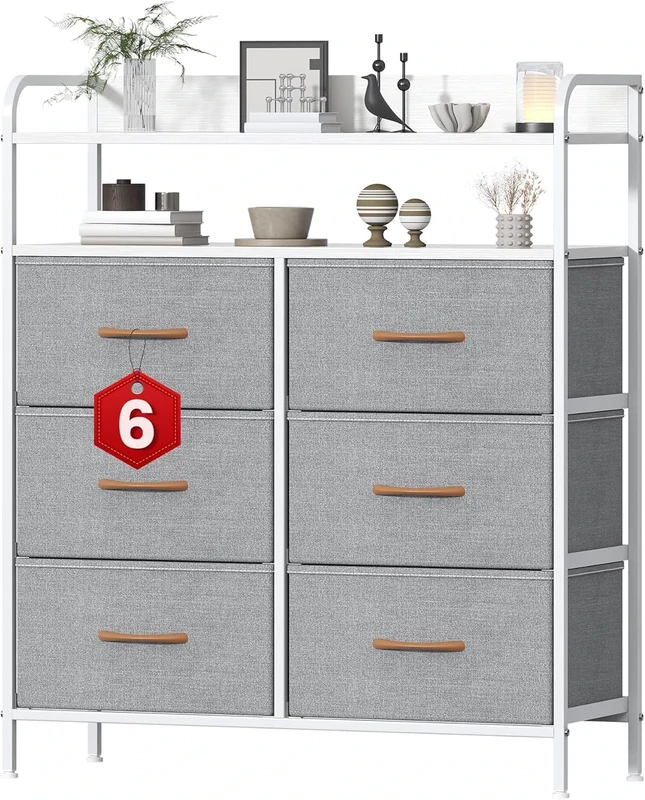 Feonase Chest of Drawers Bedrooms, 6 Drawers Storage Organizer Unit with Metal Frame & Wood Top, Fabric Dresser with Side Pocket, Chest Drawer for Bedroom, Closet, Hallway, Living Room (Light Gray)