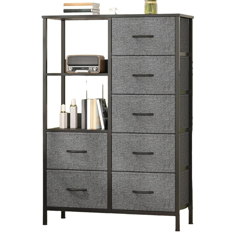 Feonase Chest of Drawers Bedroom, Fabric Dresser with 7 Drawers, Storage Dresser with 2 Open Shelves, Tall Storage Organizer Unit with Steel Frame, for Bedroom, Living Room, Hallway, Dark Gray