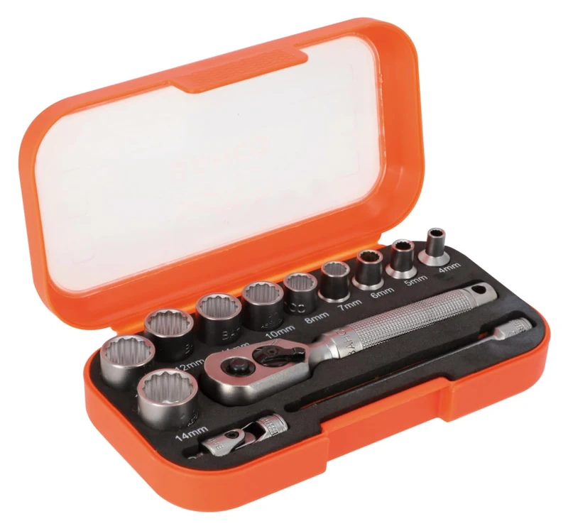 Bahco 13-Piece Socket Set – 1/4" Drive | Chrome Vanadium Steel | Professional Tool Kit with Ratchet & Sockets | Compact Packaged Design for DIY, Automotive & Mechanical Use