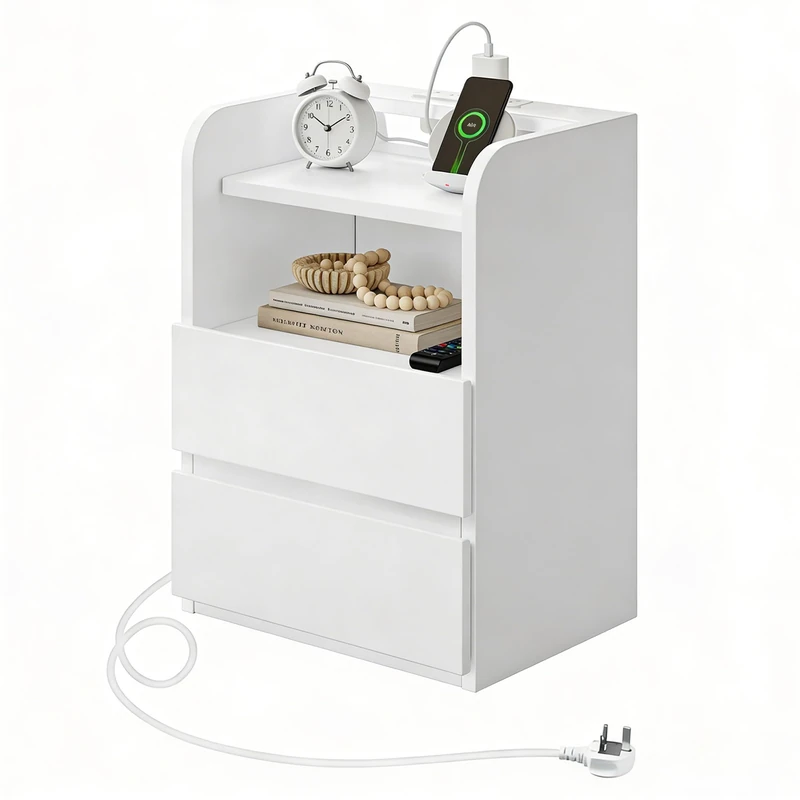 Feonase Bedside Table with Charging Station, 2-Drawer Nightstand with Outlets & USB Ports, Modern Side Table for Bedroom or Living Room, White