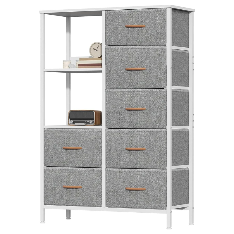 Feonase Chest of Drawers Bedroom, Fabric Dresser with 7 Drawers, Storage Dresser with 2 Open Shelves, Tall Storage Organizer Unit with Steel Frame, for Bedroom, Living Room, Hallway, Light Gray
