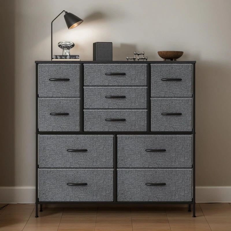 Chest of Drawers, Drawers Bedroom wiht Metal Frame & MDF Wood Top, Fabric Dresser with Adjustable Feet, Chest Drawer Storage Organizer Unit for Closet, Hallway, Living Room (Dark Gray, 100X30X97CM)