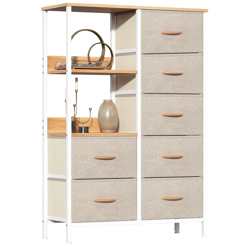 Feonase Chest of Drawers Bedroom, Fabric Dresser with 7 Drawers, Storage Dresser with 2 Open Shelves, Tall Storage Organizer Unit with Steel Frame, for Bedroom, Living Room, Hallway, Beige