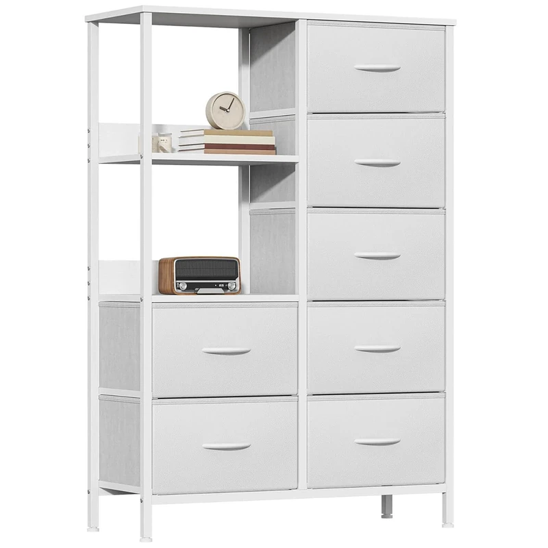 Feonase Chest of Drawers Bedroom, Fabric Dresser with 7 Drawers, Storage Dresser with 2 Open Shelves, Tall Storage Organizer Unit with Steel Frame, for Bedroom, Living Room, Hallway, White