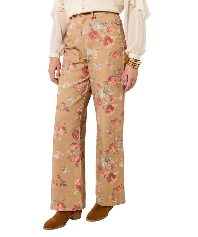 Joe Browns Women's Standout Floral Printed Wide Leg Jeans, Regular, Brown, UK 8