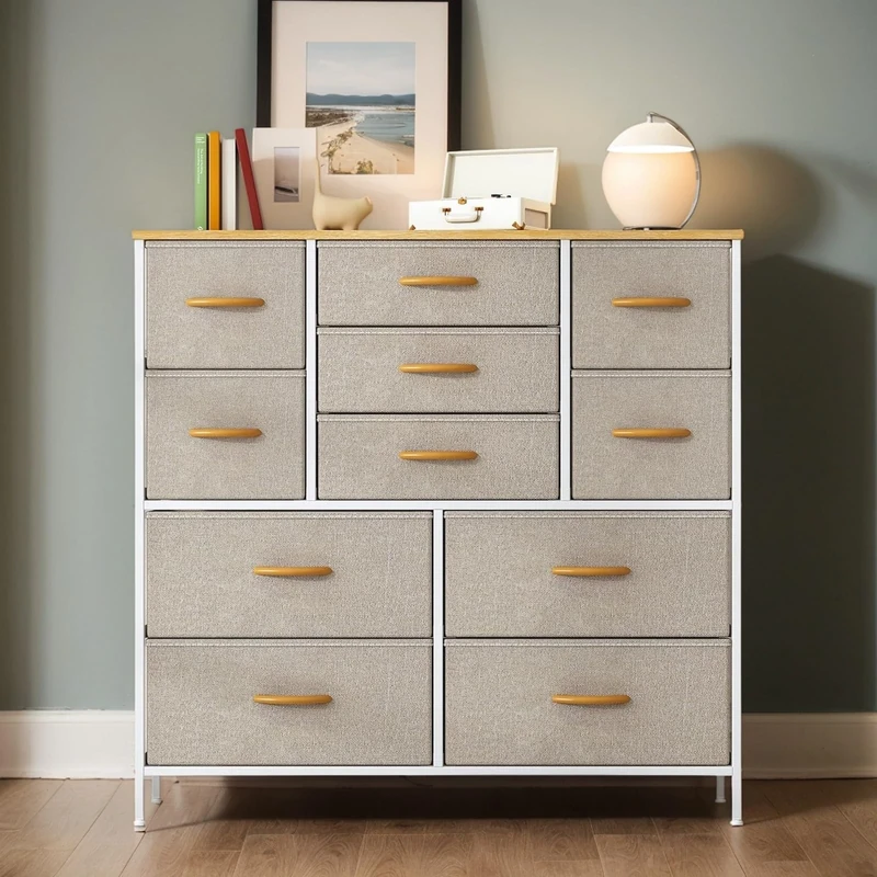 Chest of Drawers, Drawers Bedroom wiht Metal Frame & MDF Wood Top, Fabric Dresser with Adjustable Feet, Chest Drawer Storage Organizer Unit for Closet, Hallway, Living Room (Beige, 100X30X97CM)