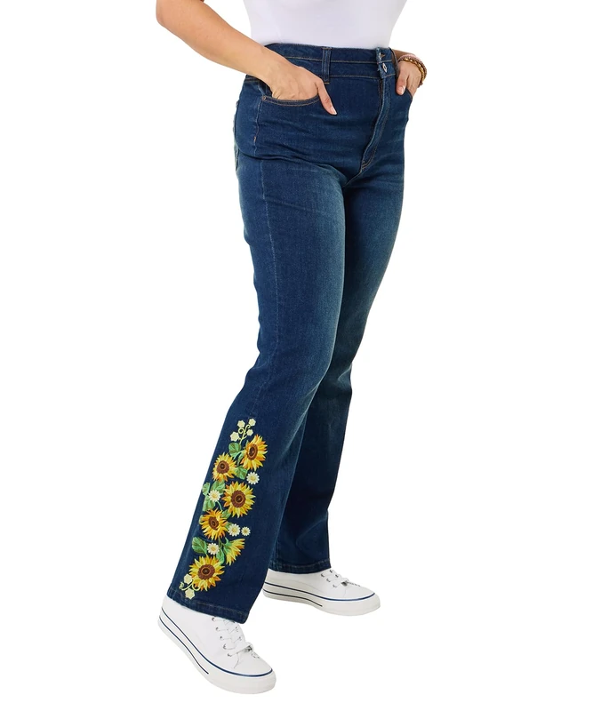 Joe Browns Women's Sunflower Embroidered Flared Jeans, Regular, Blue, UK 12R