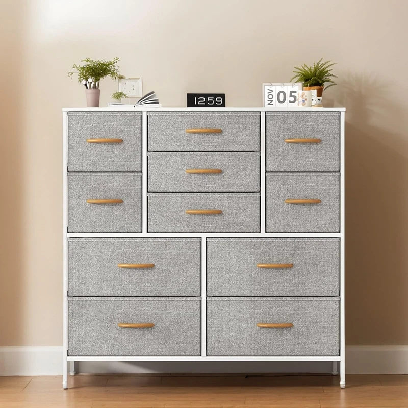 Chest of Drawers, Drawers Bedroom wiht Metal Frame & MDF Wood Top, Fabric Dresser with Adjustable Feet, Chest Drawer Storage Organizer Unit for Closet, Hallway, Living Room (Light Gray, 100X30X97CM)