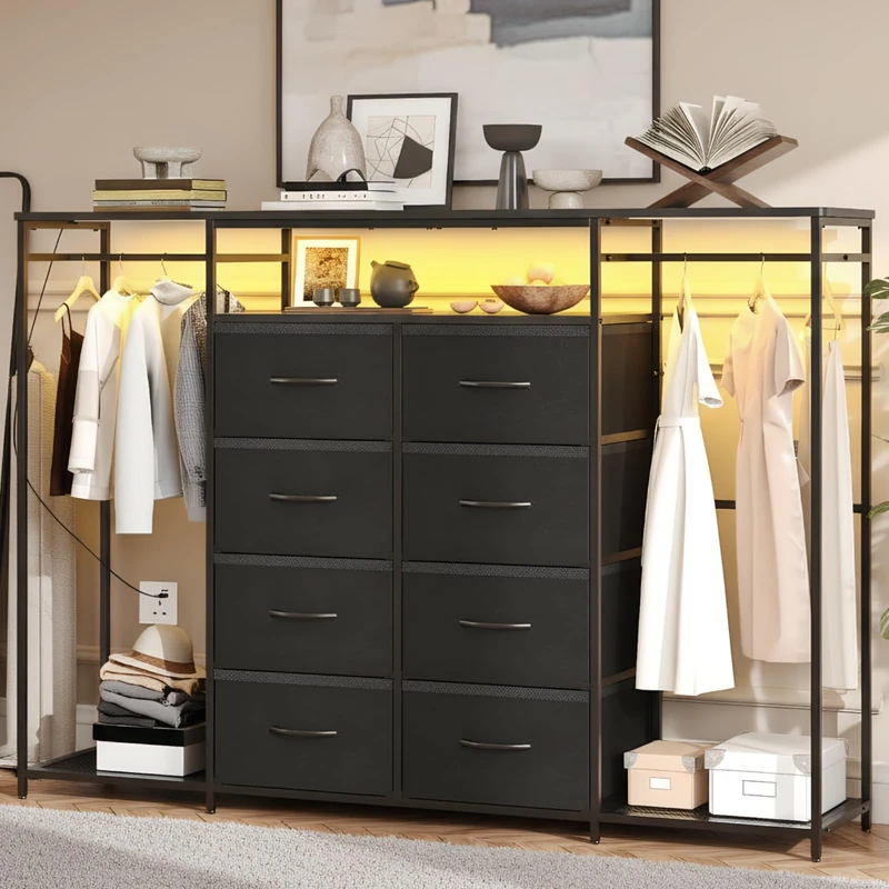 Feonase 3 in 1 Chest of Drawers, 150cm LED Dresser for Bedroom with 8 Fabric Drawers, Hanging Rack, Metal Frame & Wooden Top, Modern Cloth Rack Closet Wardrobe for Living Room, Bedroom (Black)