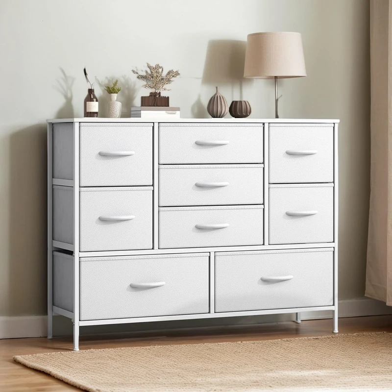 Chest of Drawers, Drawers Bedroom wiht Metal Frame & MDF Wood Top, Fabric Dresser with Adjustable Feet, Chest Drawer Storage Organizer Unit for Closet, Hallway, Living Room (White, 100X30X67CM)