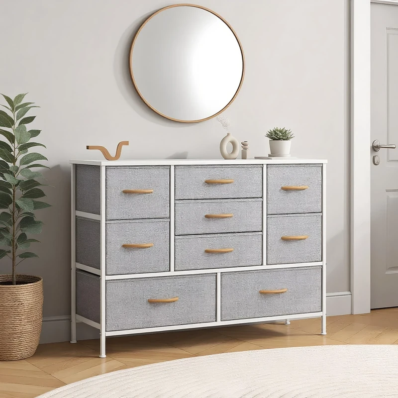 Chest of Drawers, Drawers Bedroom wiht Metal Frame & MDF Wood Top, Fabric Dresser with Adjustable Feet, Chest Drawer Storage Organizer Unit for Closet, Hallway, Living Room (Light Gray, 100X30X67CM)