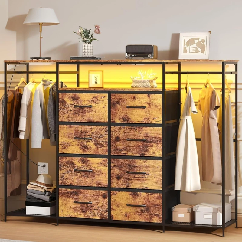 Feonase 3 in 1 Chest of Drawers, 150cm LED Dresser for Bedroom with 8 Fabric Drawers, Hanging Rack, Metal Frame & Wooden Top, Modern Cloth Rack Closet Wardrobe for Living Room, Bedroom (Rustic Brown)