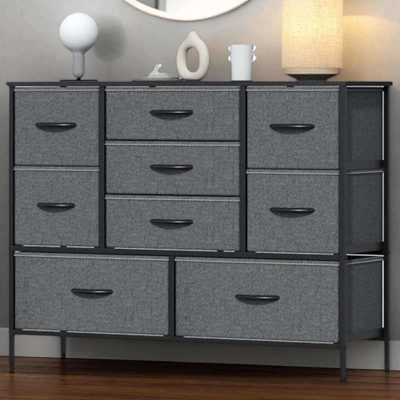 Chest of Drawers, Drawers Bedroom wiht Metal Frame & MDF Wood Top, Fabric Dresser with Adjustable Feet, Chest Drawer Storage Organizer Unit for Closet, Hallway, Living Room (Dark Gray, 100X30X67CM)