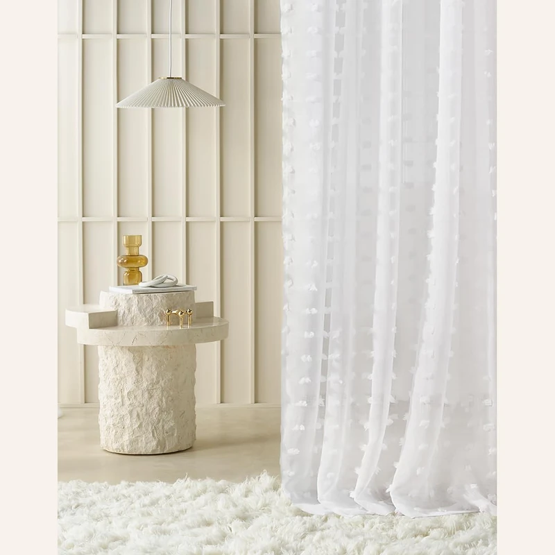 ROOM99 Casablanca Eyelet Curtain 400 × 260 cm Width x Height Living Room Transparent Modern Curtain Scarf Living Room Bedroom White Pompoms 1 Piece