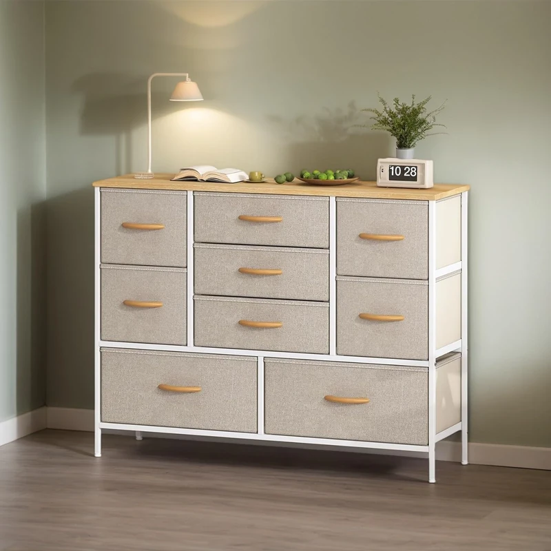 Chest of Drawers, Drawers Bedroom wiht Metal Frame & MDF Wood Top, Fabric Dresser with Adjustable Feet, Chest Drawer Storage Organizer Unit for Closet, Hallway, Living Room (Beige, 100X30X67CM)