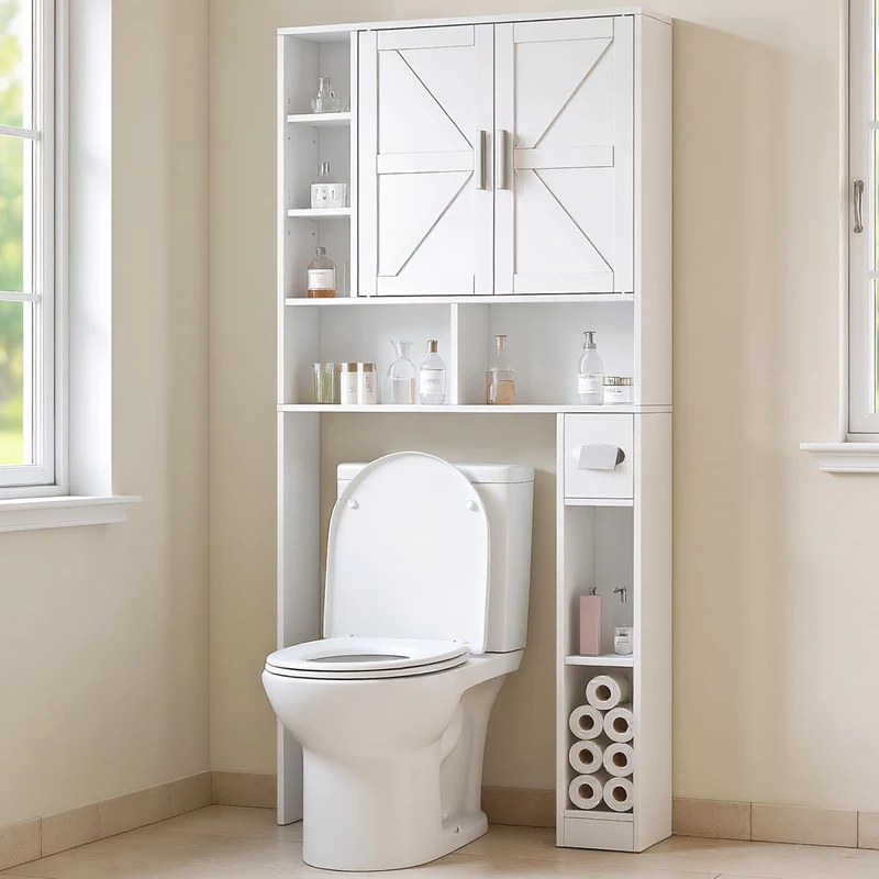 Feonase Over Toilet Storage Unit, Freestanding Bathroom Space Saver with Doors, Toilet Paper Holder, Adjustable Shelves, Wooden Above The Toilet Cabinet Laundry Organizer for Small Space, White