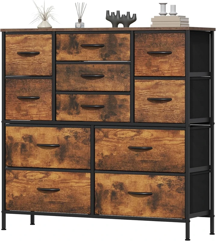 Chest of Drawers, Drawers Bedroom wiht Metal Frame & MDF Wood Top, Fabric Dresser with Adjustable Feet, Chest Drawer Storage Organizer Unit for Closet, Hallway, Living Room (Brown, 100X30X97CM)