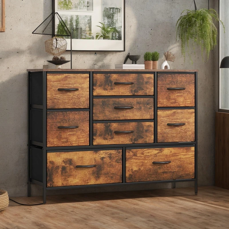 Chest of Drawers, Drawers Bedroom wiht Metal Frame & MDF Wood Top, Fabric Dresser with Adjustable Feet, Chest Drawer Storage Organizer Unit for Closet, Hallway, Living Room (Brown, 100X30X67CM)