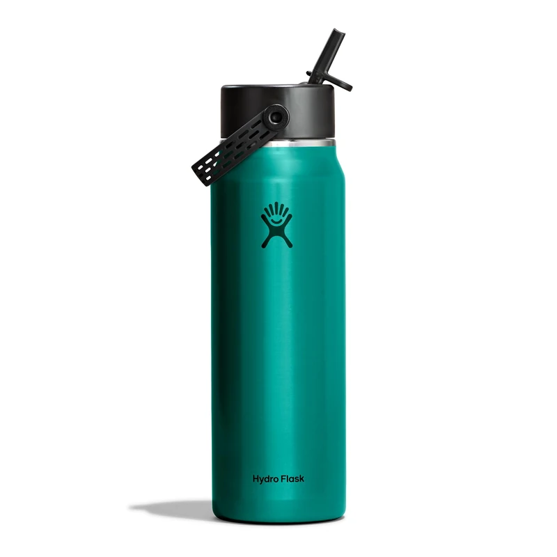Hydro Flask – Lightweight Wide Flex Straw Cap Bottle 946 ml (32oz) – Stainless Steel, Leakproof with Strap – Insulated Cold 24 Hrs – Emerald Green