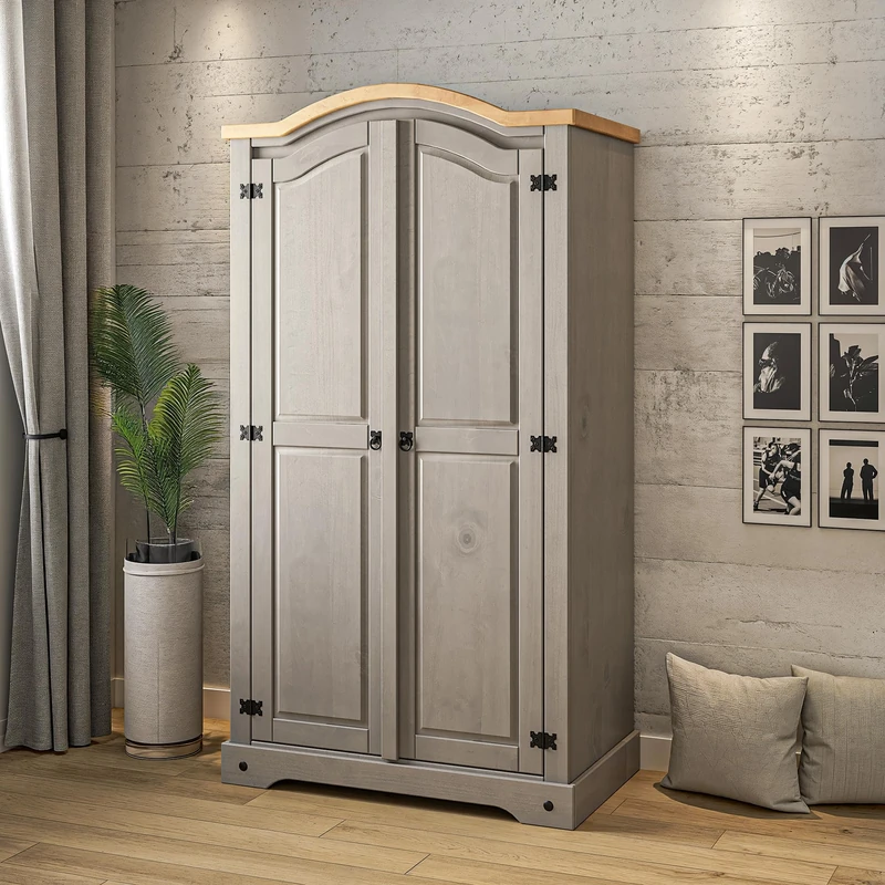 Corona Wardrobe Grey Wax 2 Door Arch Top Solid Mexican Pine