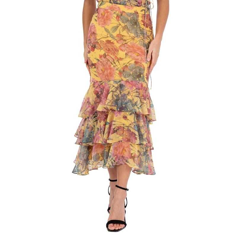 Anaya with Love Women's Midi Dress Ladies Recycled Floral Print Chiffon Metallic Gold Fleck Tiered Ruffle Boho Wedding Guest A-line, Yellow 16 - Image 1