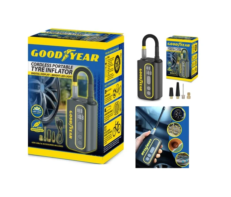 Goodyear Cordless Portable Tyre Inflator – Digital Display, LED Light, USB Rechargeable, 3–150psi, 55W, Compact & Lightweight – Car, Bike, Van & Ball Inflation
