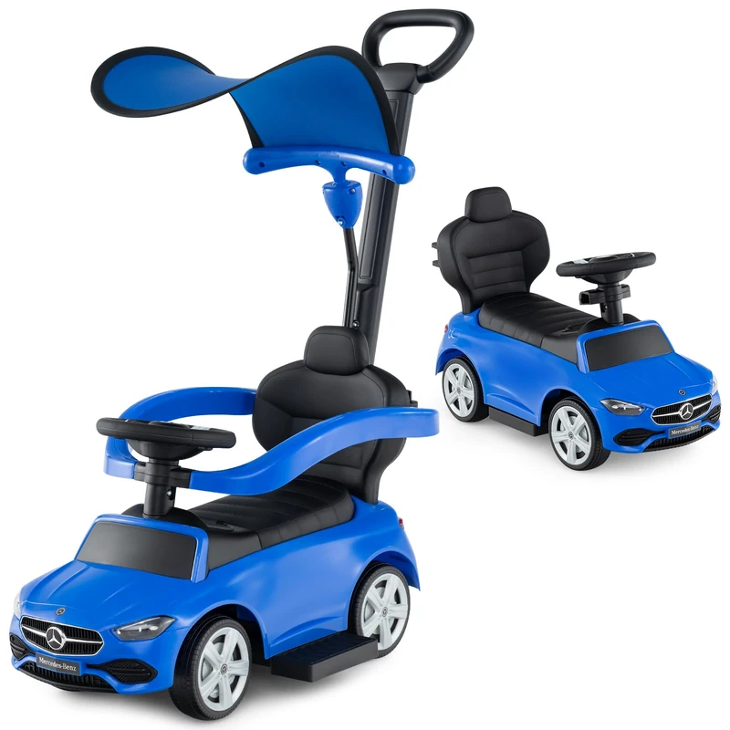 GYMAX 3 in 1 Kids Ride on Push Car, Mercedes-Benz Licensed Push Along Car with Handle, Guardrails, Adjustable Canopy, Horn & Sound, Underneath Storage, Toddler Sliding Toy for 18-36 Months Old (Blue)
