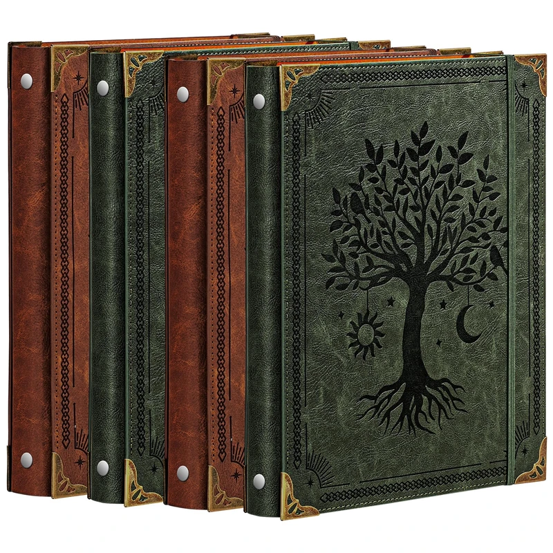4 Pcs Ovesmusl Leather 3 Ring Binder Fits 8.5"x11" Letter Size Paper, 1 Inch Round Ring Binder Holds 200 Sheets, Notebook Cover Loose Leaf Organizer, Green & Brown