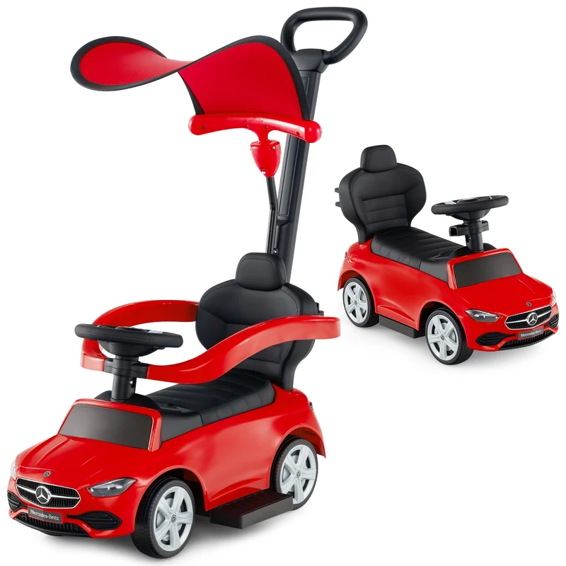 GYMAX 3 in 1 Kids Ride on Push Car, Mercedes-Benz Licensed Push Along Car with Handle, Guardrails, Adjustable Canopy, Horn & Sound, Underneath Storage, Toddler Sliding Toy for 18-36 Months Old (Red)