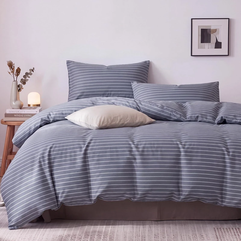 Bedbay 100% Cotton Queen Duvet Cover Set,Grey Striped Duvet Cover Queen,300 Thread Count Cotton Silky Sateen Smooth Soft Durable Hotel Style Bedding Set Neutral Grey Stripes 3-Pcs