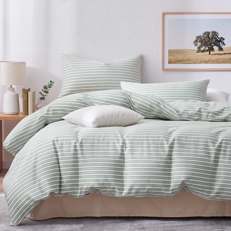 Bedbay Cotton Striped Duvet Cover Set King Size,Sage Green Ticking Stripe Duvet Cover,100% Cotton Silky-Smooth Sateen Weave 3 Pcs Luxury Farmhouse & Cottagecore Bedding Set for All Seasons