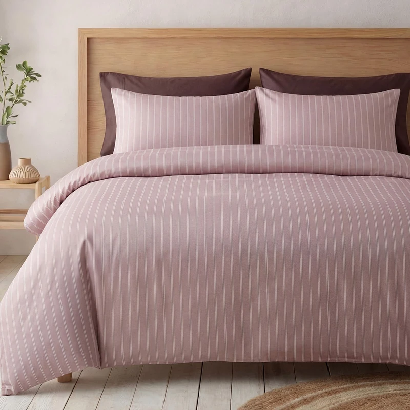 Bedbay 100% Cotton Striped Duvet Cover Set Queen Size,300TC Luxury Sateen Duvet Cover,Dusty Rose Fine Stripes Bedding Set, Silky Smooth Hotel Style Room Decor 3 Pcs Cotton Comforter Cover