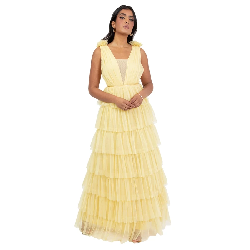 Anaya with Love Women's Maxi Dress Ladies Recycled Sleeveless Plunge Front Ruffle Tiered Skirt A-line Wedding Guest Bridesmaid Ball Gown, Butter Yellow 6
