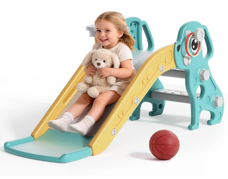 BIERUM 4-in-1 Toddler Slide - Puppy Shaped Kids Slide with Basketball Hoop and Ring Throw, Indoor & Outdoor Play Set for Toddlers 1-3 Years, Green Yellow - Image 1