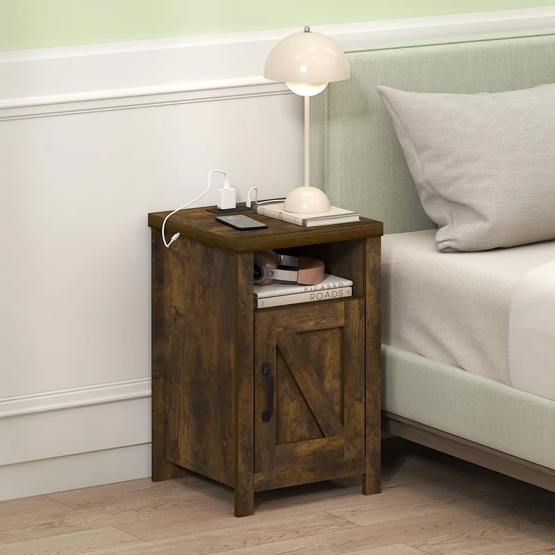 Furinno FARMHOUSE Night stand with Charging Station, Bedside Table, Side Table, End Table with Door, USB Ports and Outlets, for Bedroom, Living Room, White