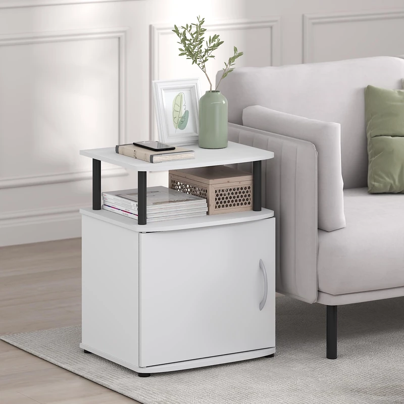 Furinno JAYA Side Table, 2-Tier Open Shelf End Table with Door Cabinet, Soft-edges Night Stand with Storage, Bedside Table, for Living Room, Bedroom, White