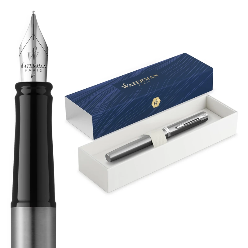 Waterman Impression Fountain Pen | Stainless Steel with Chrome Trim | Medium Nib | Blue Ink | Gift Box