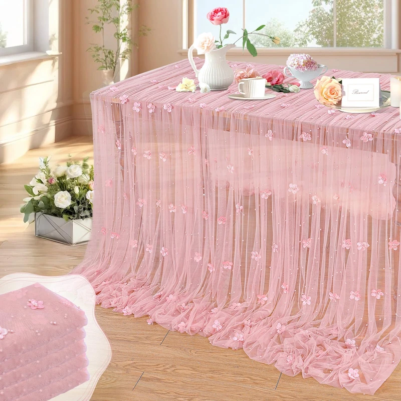 LuoluoHouse Pearl Tulle Tablecloths 10ft Dusty Pink Flower Pearl Table Runners 5 Packs Tulle Fabric Wedding Lace Tablecloths Arch for Bridal Shower Veil Baby Shower Boho Sweetheart Table Decorations