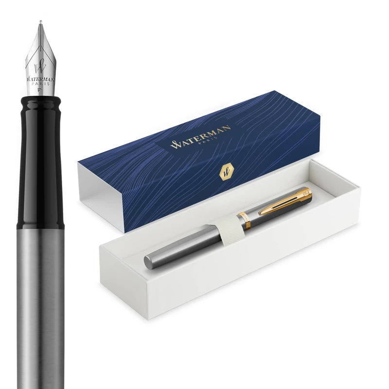 Waterman Impression Fountain Pen | Stainless Steel with Gold Trim | Medium Nib | Blue Ink | Gift Box