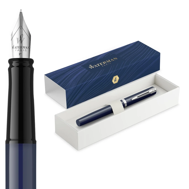 Waterman Impression Fountain Pen | Blue with Chrome Trim | Medium Nib | Blue Ink | Gift Box